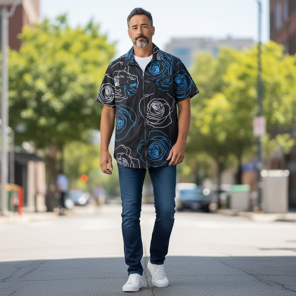 Bleeker & Mercer Zip Up Shirt Black Neon Rose Print Y2K Bold Eclectic Grandpa L